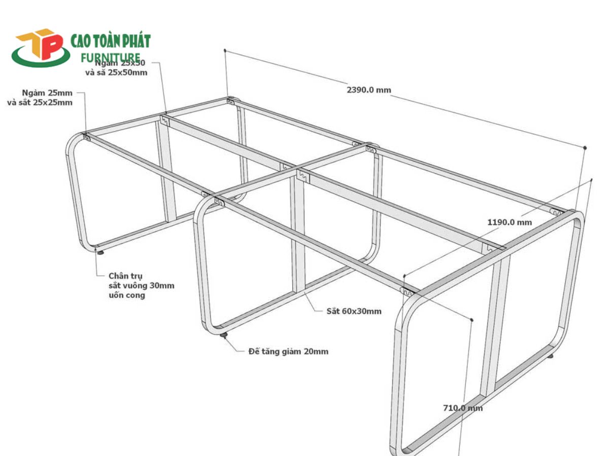 Kích thước chân bàn cụm 4 tiêu chuẩn