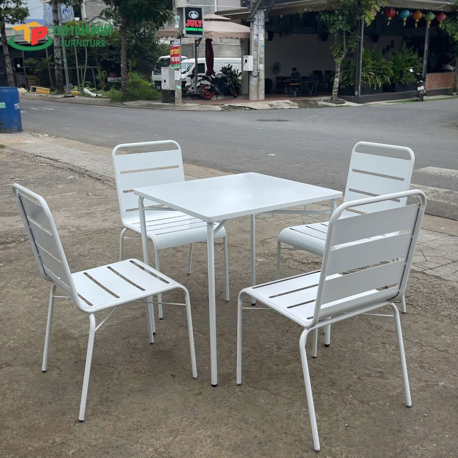 Bàn ghế sắt quán cafe màu trắng - BGS09